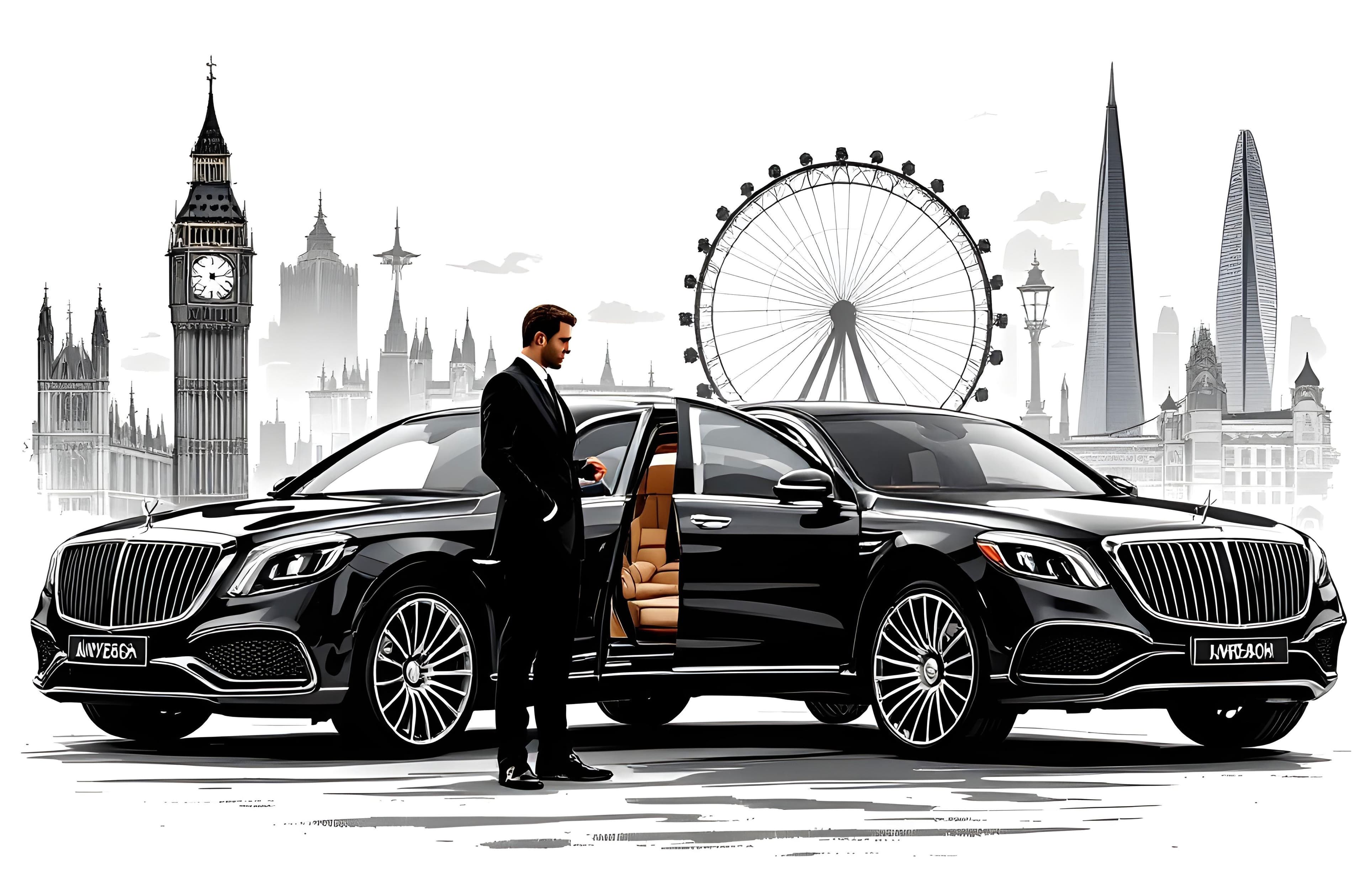 Luxury car with London landmarks